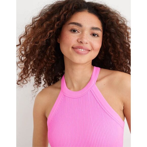 AERIE Women’s Pink Superchill Seamless Ribbed High Neck Bra Top Size Large - Picture 1 of 8
